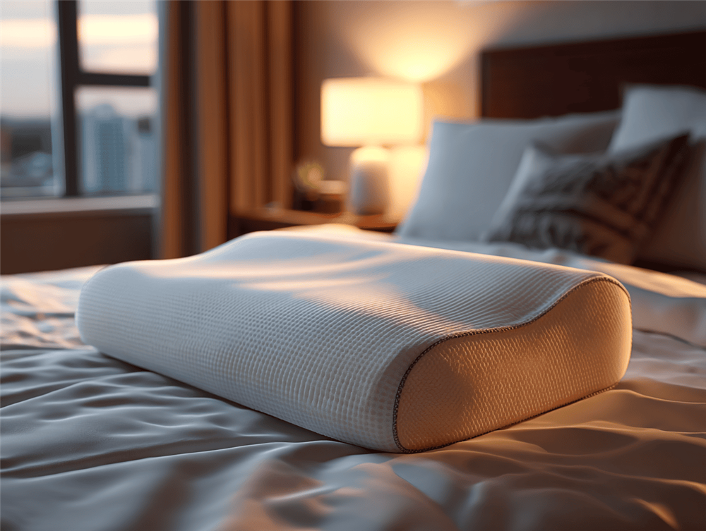A contoured memory foam pillow placed on a bed in a bedroom setting.